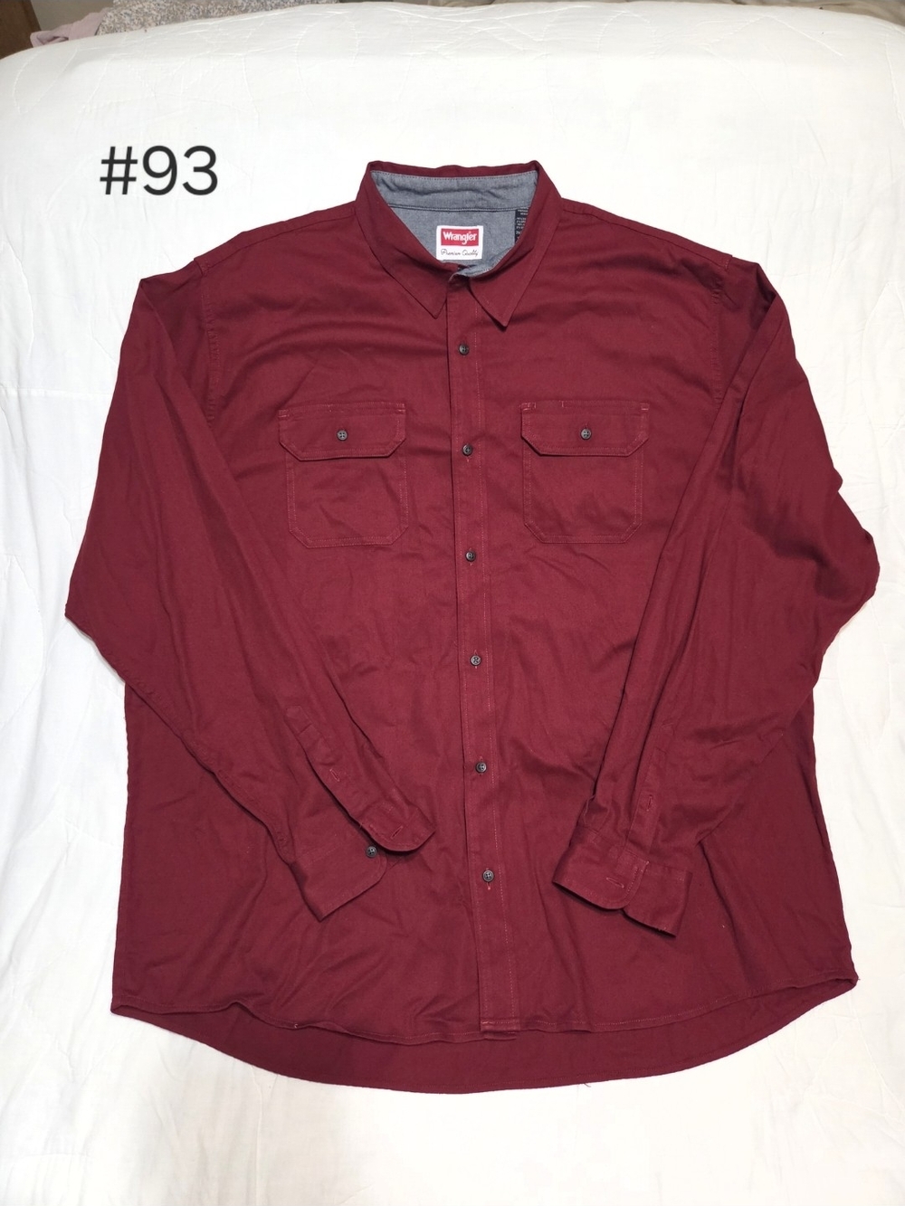 Wrangler Premium Quality Men's Long Sleeve Button Down Shirt Burgundy Maroon 2XL